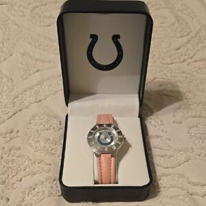 Indianapolis Colts Womens Pink Leather Strap Analog Watch with Gem Accents, NEW